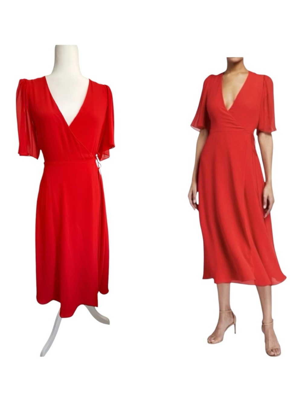NWT Alice + Olivia Siri Wrap Midi Dress Red Bright Poppy Silk Flutter Sleeve 0